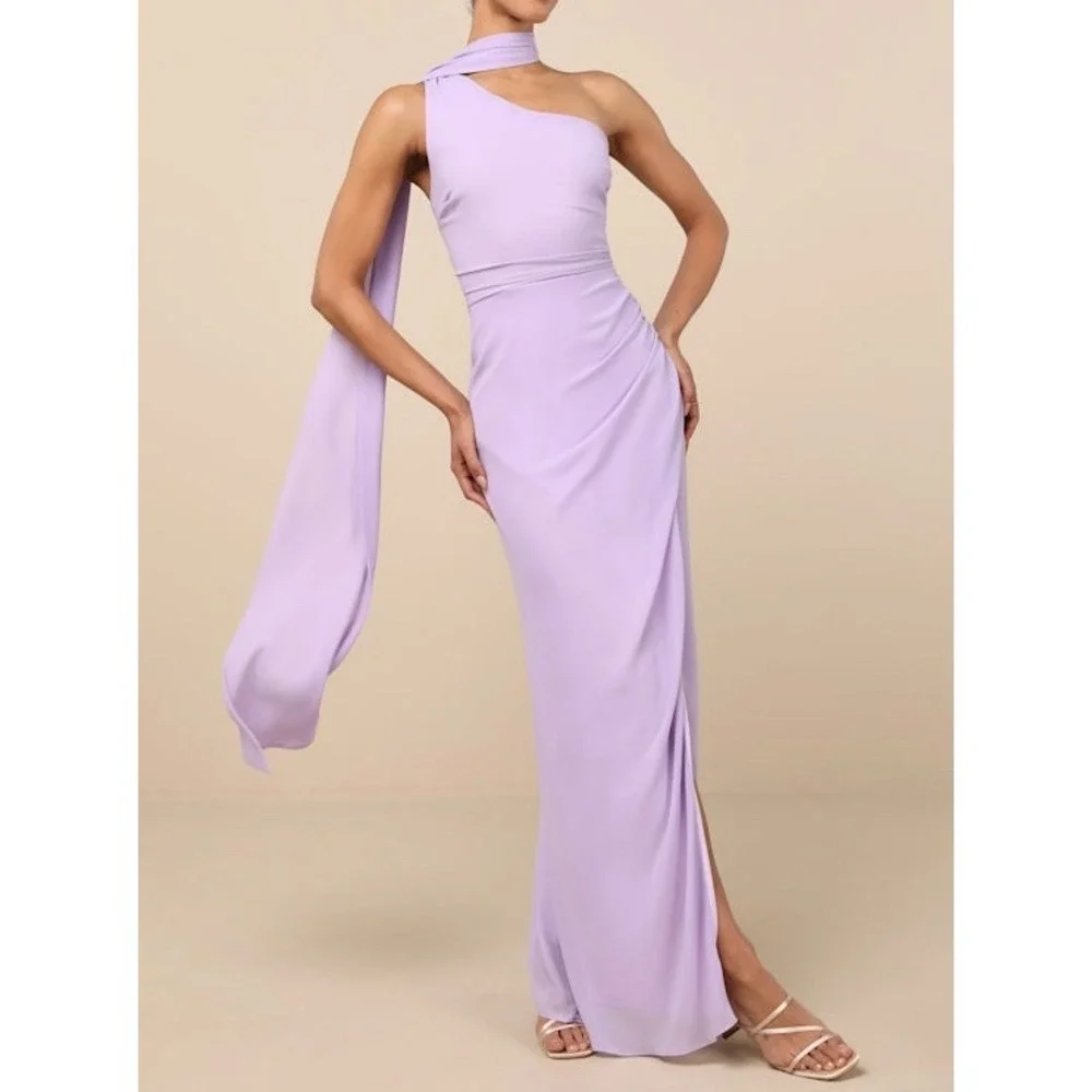 NWT Lulus Adeline Lavender One-Shoulder Scarf Maxi Dress Medium - Picture 2 of 8